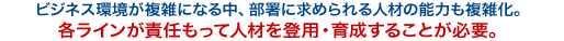 ビジネス環境が複雑になる中、部署に求められる人材の能力も複雑化。各ラインが責任もって人材を登用・育成することが必要。