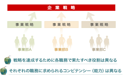 戦略を達成するために各職務で果たすべき役割は異なる　それぞれの職務に求められるコンピテンシー(能力)は異なる